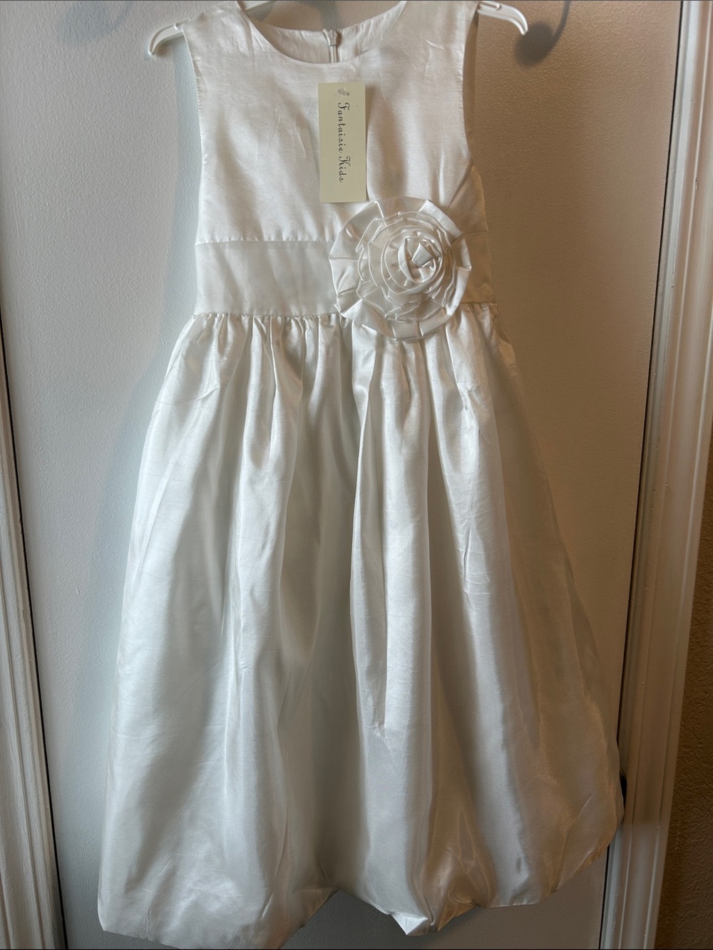 Girls' Ivory Satin Flower-Trim Formal Dress